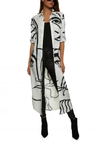 Abstract Face Print Tabbed Sleeve Maxi Shirt - Black/white product