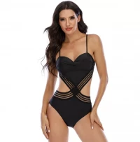 Women's Sweetheart Neckline Cut Out Mesh Backless Black One Piece Swimsuit product