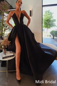 V-cut Black Satin Prom Gown with High Leg Slit,Prom Dresses product