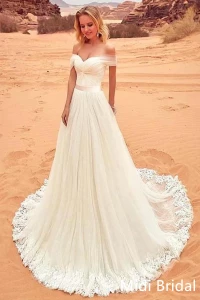 Charming Off The Shoulder Tulle Long Beach Wedding Dress,White Women Bridal Gown for Sale product