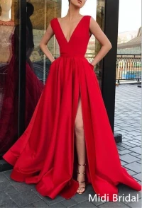 V-neckline Twin Pockets Red Long Prom Dress with Side Slit product