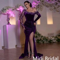 Violet Purple Elegant Velvet One-shoulder Lace Side-slit Mermaid Long Bridesmaid Dress product