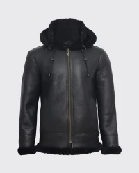 Men’s Black Hooded Real Shearling Sheepskin Bomber Aviator Jacket product