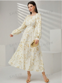 SHEIN Modely Women'S Arabian Lantern Sleeve Dress With Botanical Print product
