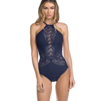 SCALLOPED HIGH NECK LACE LOW BACK ONE PIECE SWIMSUITS product