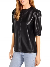 Faux Leather Pleated Sleeve Top product