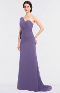 Chalk Violet Mature A-line Asymmetric Neckline Sleeveless Sweep Train Ruching Bridesmaid Dresses product