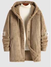 Men's Casual Warmth Thermal Solid Color Button Front Fluffy Teddy Fleece Hooded Long Coat - Coffee Xl product