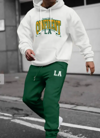 Men's Casual LA Letter Pattern Graphic Kangaroo Pocket Pullover Thermal Fleece-lined Hoodie And Drawstring Jogger Sweatpants Set - Green 2xl product