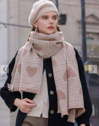 Women's Warmth Winter Plaid Heart Pattern Tassel Design Oversized Shawl Scarf - Coffee product
