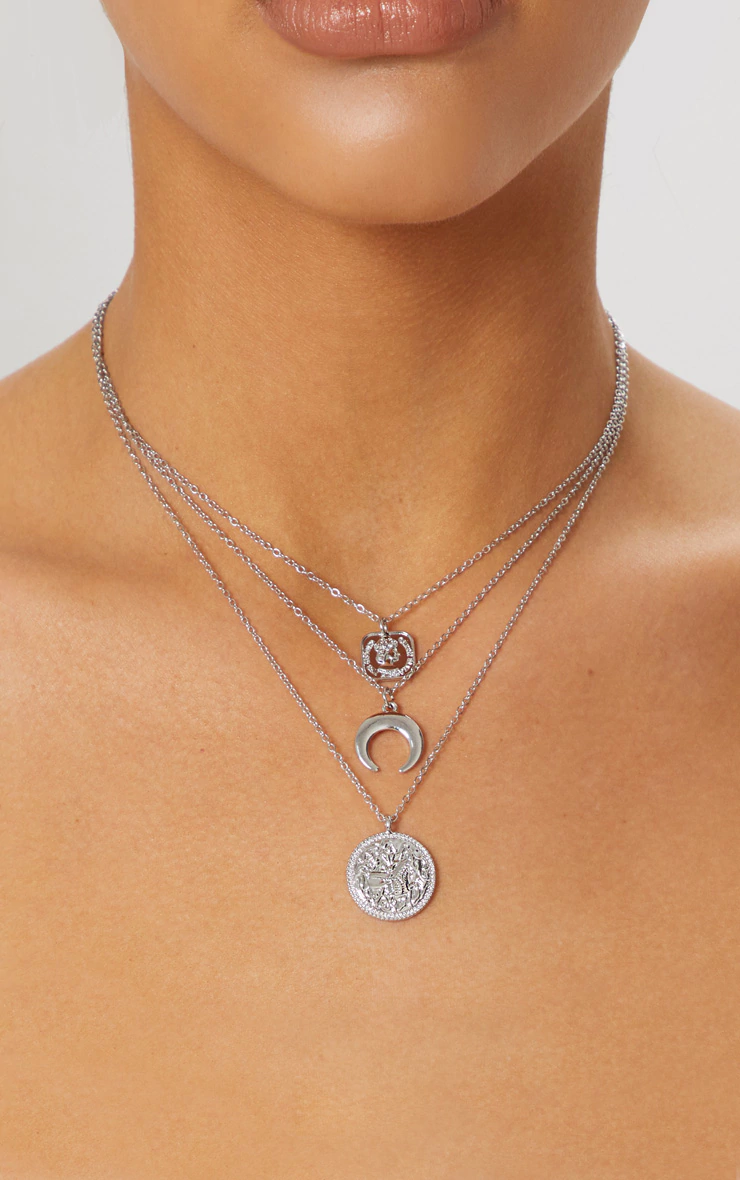 SILVER COIN BULL HORN TRIPLE LAYER NECKLACE