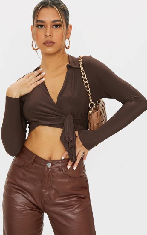 CHOCOLATE SLINKY TIE FRONT CROPPED BLOUSE