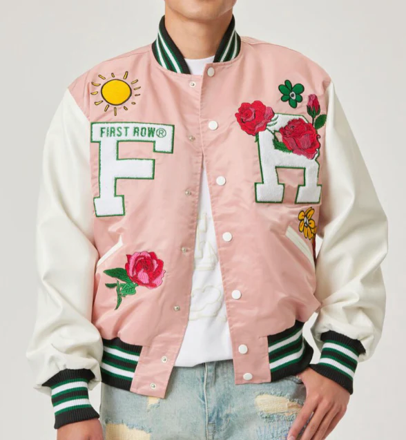 FIRST ROW “EASY HOURS” VARSITY JACKET (PINK/GREEN/YELLOW)
