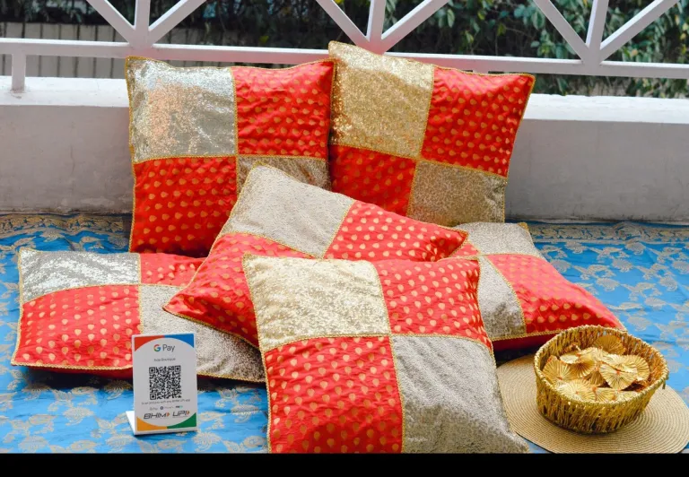Handmade Patchwork Banarasi Shimmer Cushion Covers (Set Of 6)