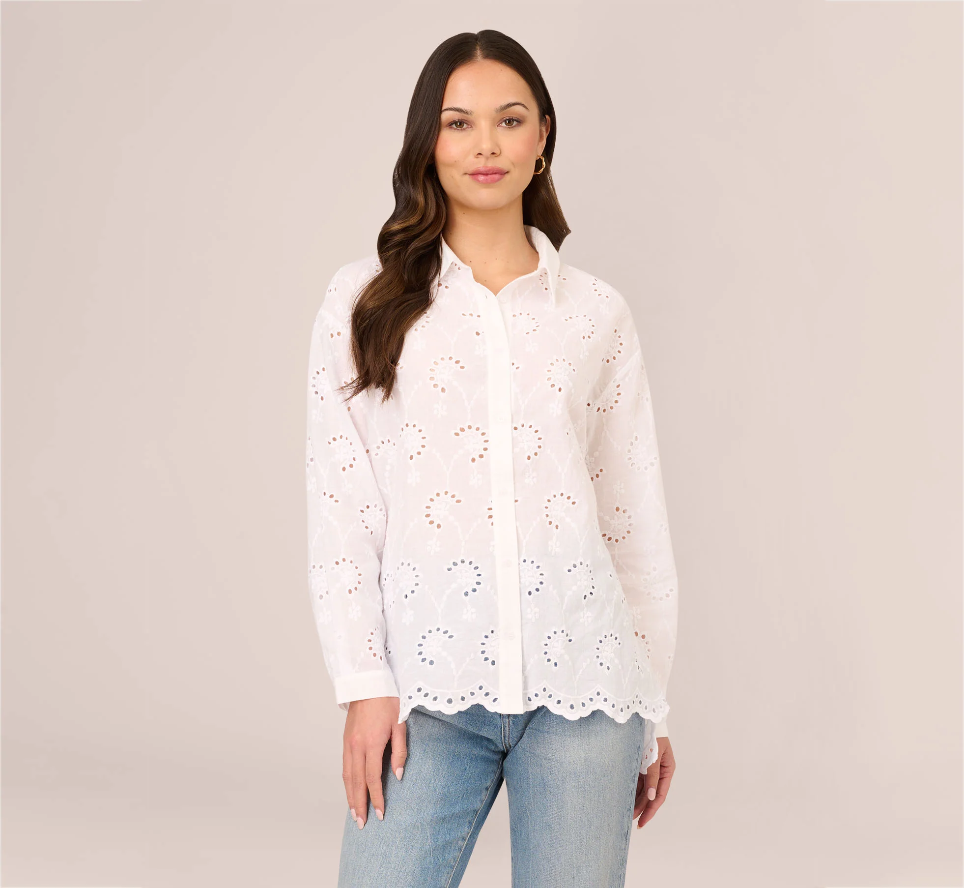BUTTON DOWN EYELET TOP WITH LONG SLEEVES IN WHITE