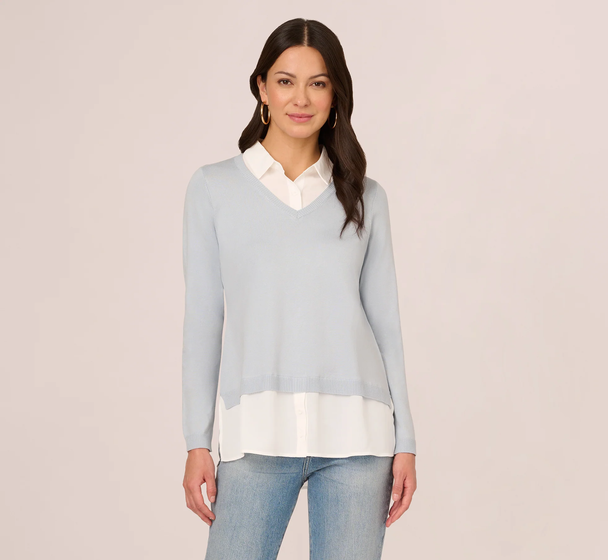 LONG SLEEVE TWOFER COLLARED KNIT TOP IN NIAGARA MIST IVORY