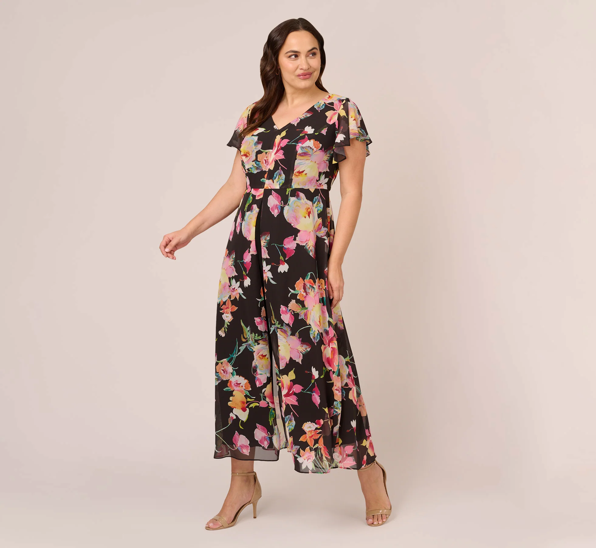 PLUS SIZE FLORAL PRINT CROPPED JUMPSUIT WITH SKIRT OVERLAY IN BLACK MULTI