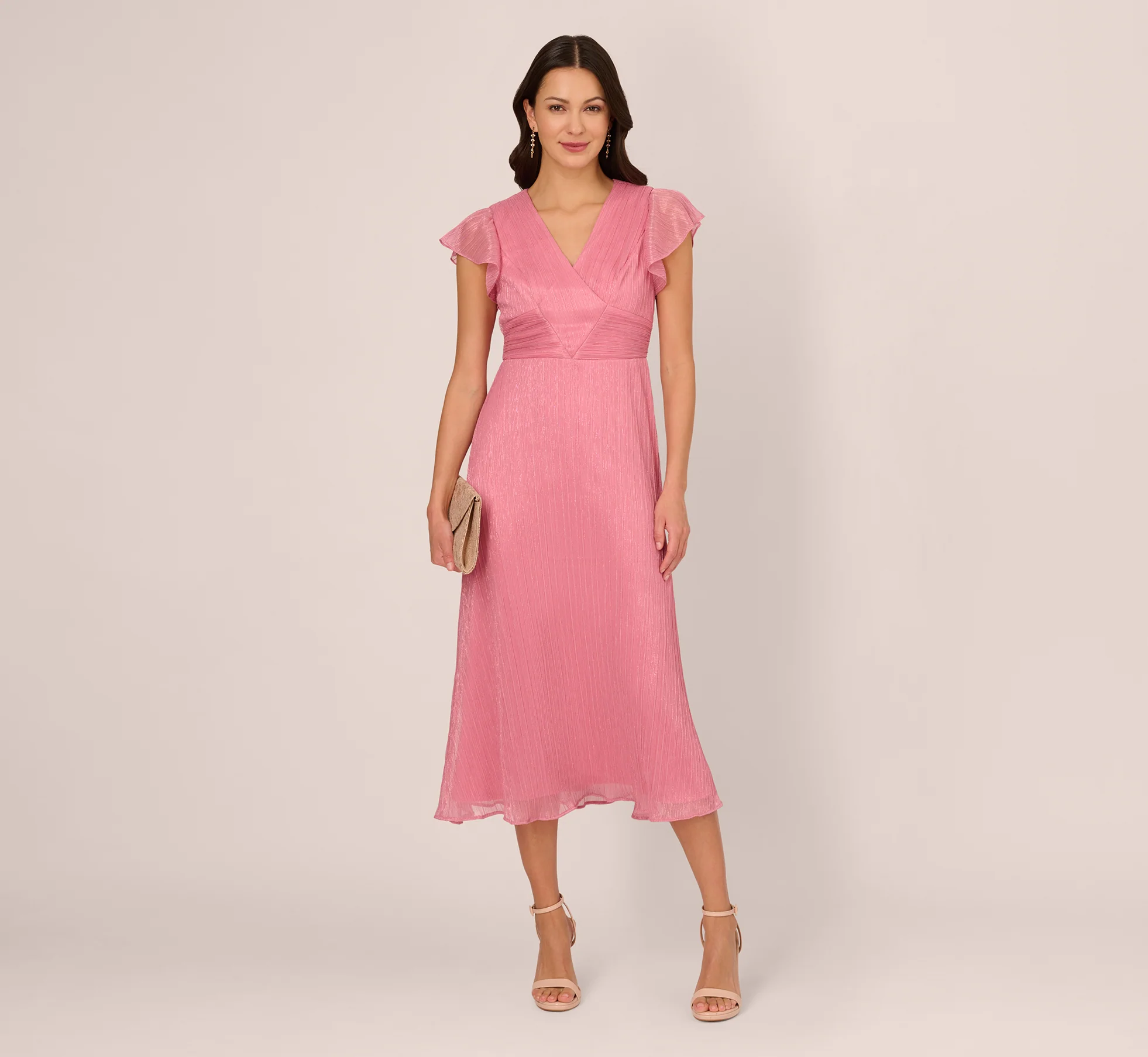 CRINKLE MESH MIDI DRESS WITH FLUTTER SLEEVES IN FADED ROSE