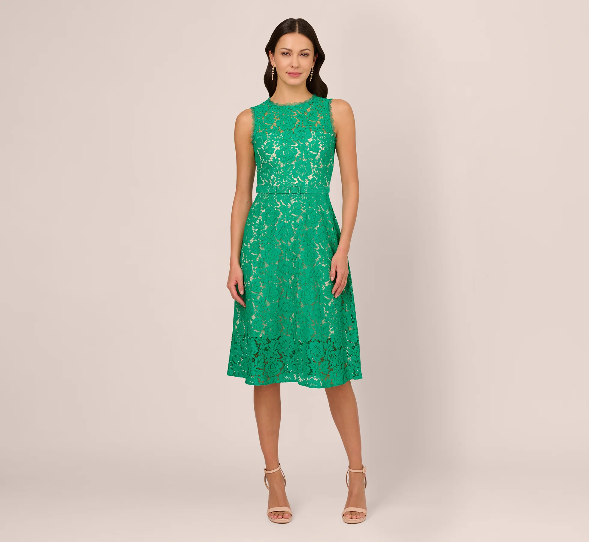 SLEEVELESS LACE FIT AND FLARE DRESS WITH SHEER DETAILS IN BOTANIC GREEN