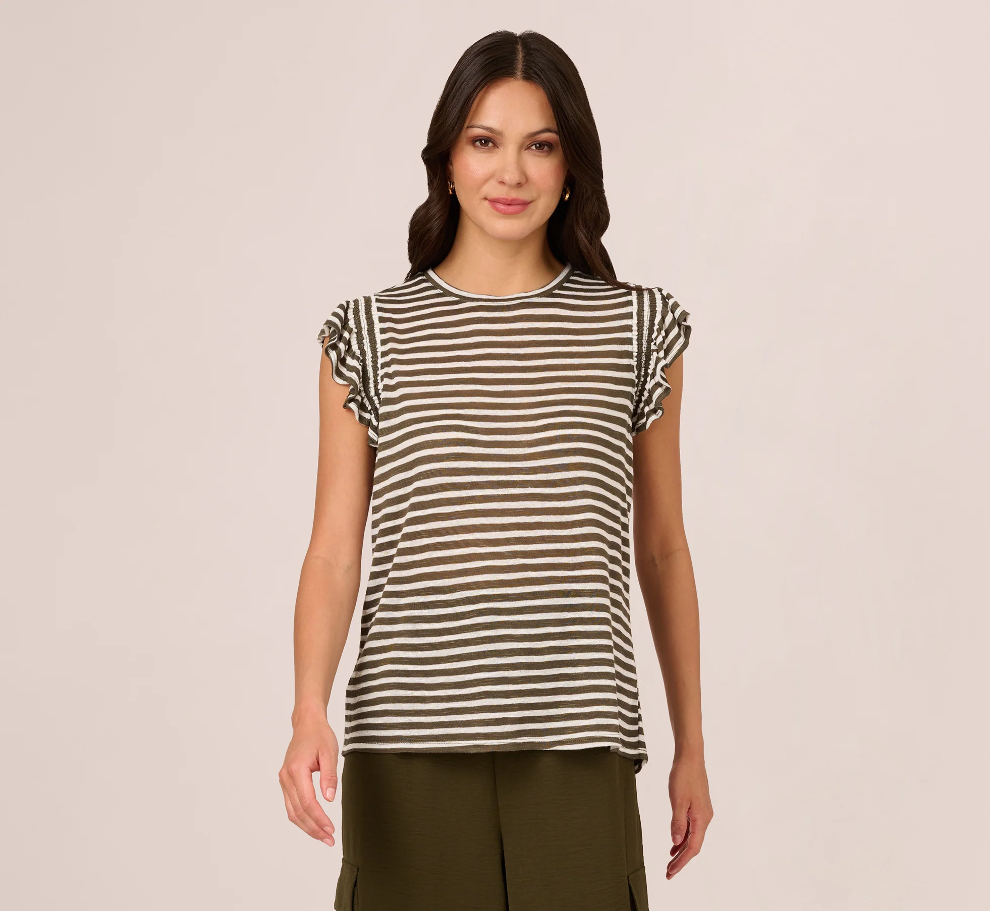 STRIPED TEE WITH RUFFLE SLEEVES IN DK GREEN WHITE