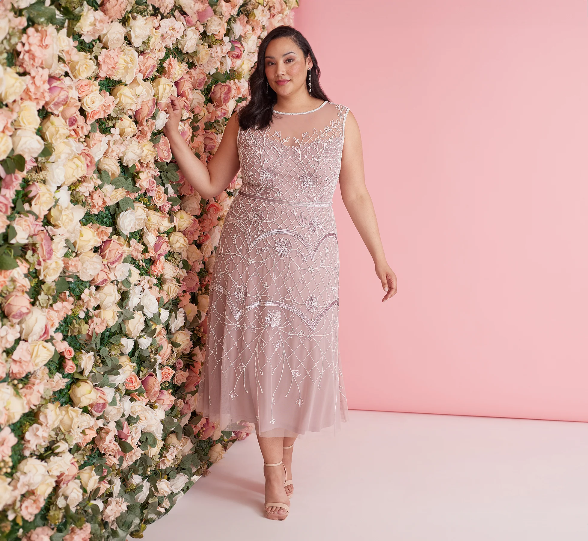 PLUS SIZE BEADED ANKLE-LENGTH DRESS WITH SHEER NECKLINE IN DUSTED PETAL IVORY