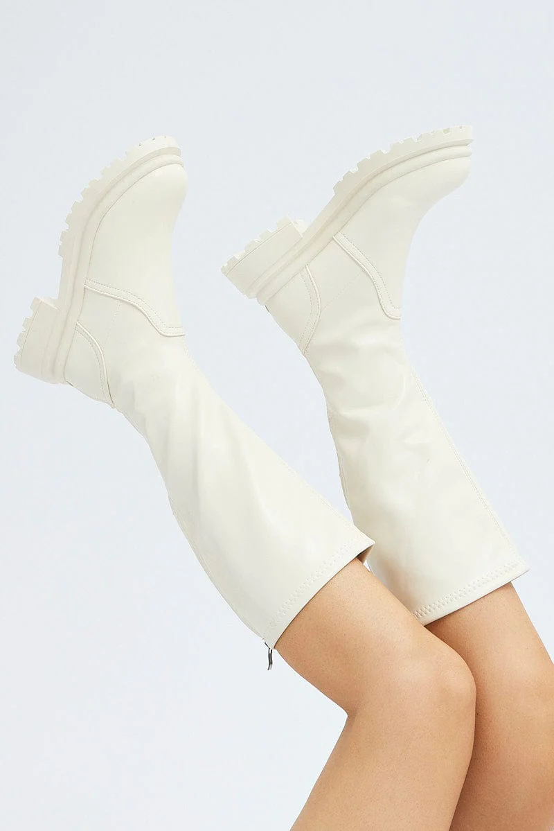 White Chunky Knee High Boots