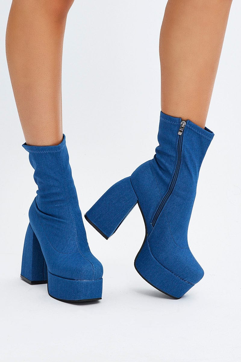 Blue Denim Chunky Platform Ankle Boots