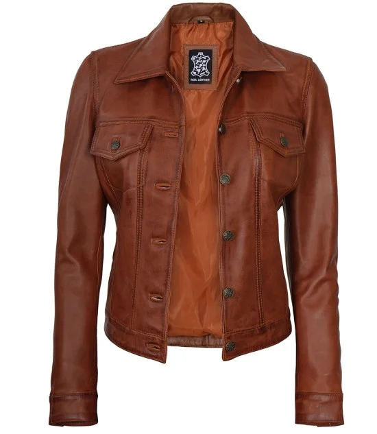 Fernando Women Cognac Leather Trucker Jacket