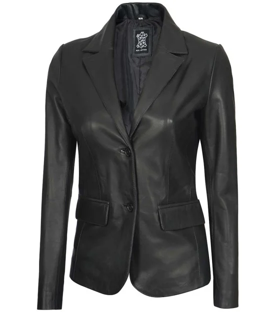 Womens Two Button Real Lambskin Leather Blazer