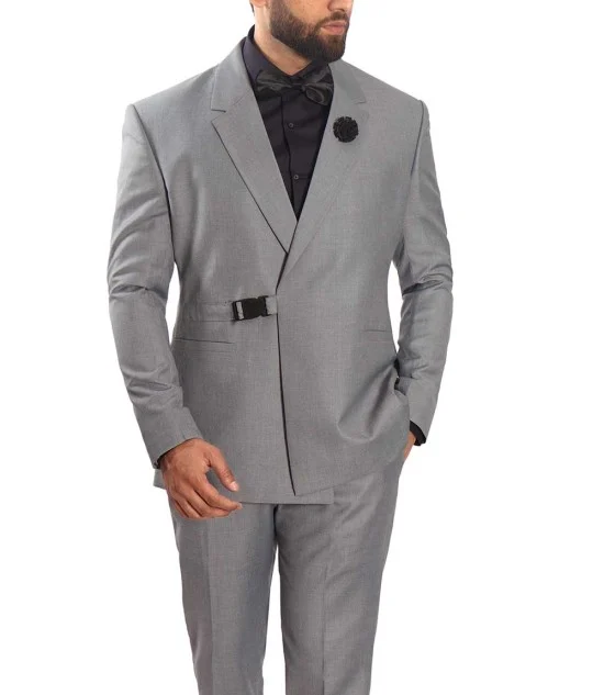 Mens Two Piece Notch Lapel Double Breasted Light Grey Suit