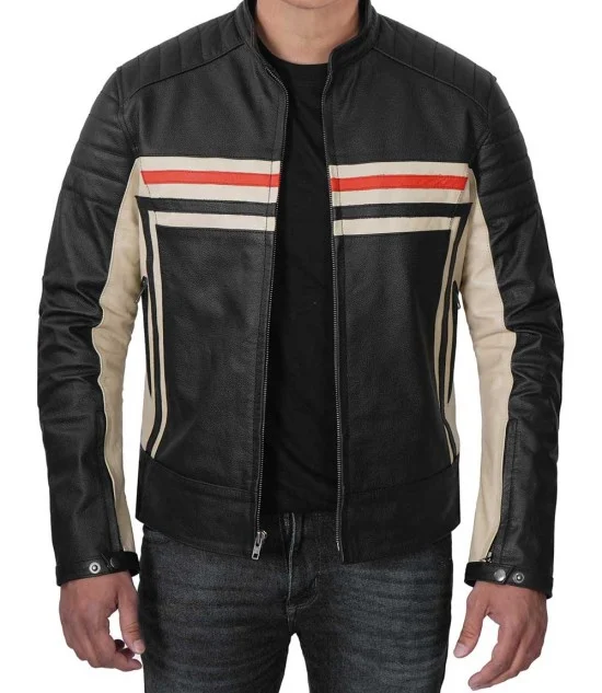 Mens Black Cafe Racer Leather Jacket with Biker Protection