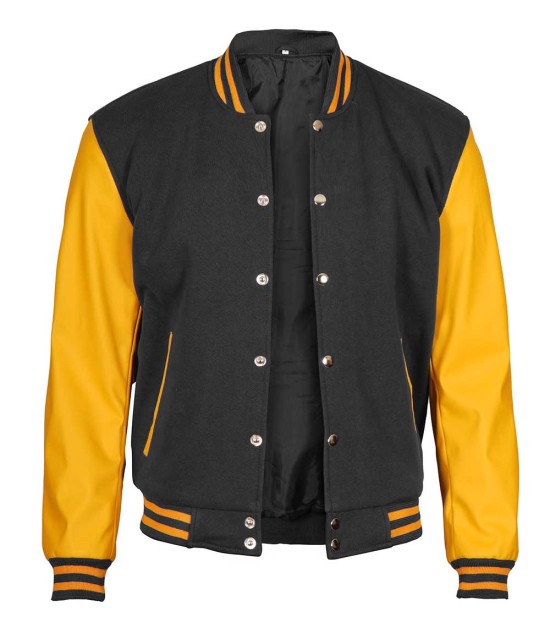 Mens Black and Yellow Letterman with PU Sleeves
