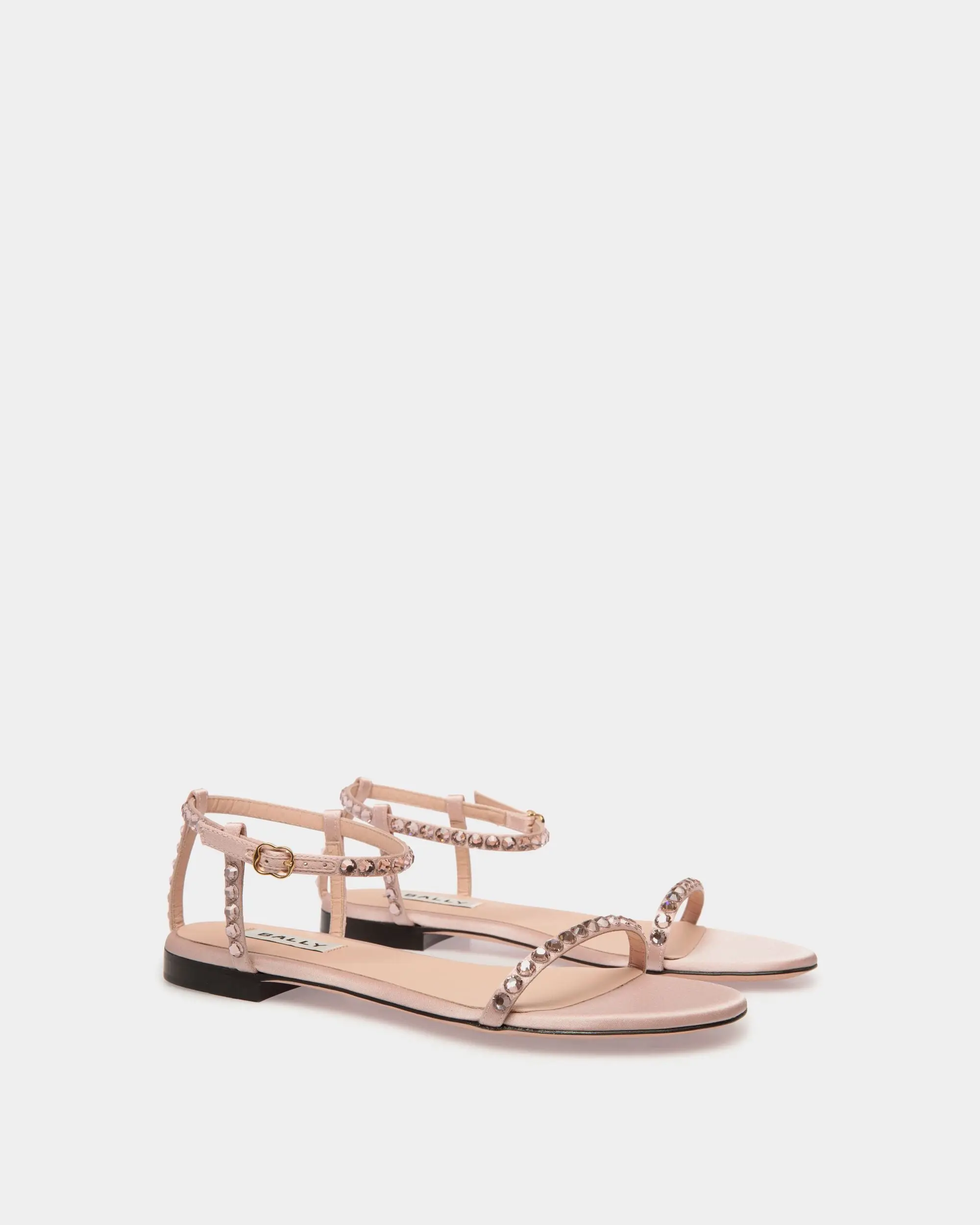 Katy Flat Sandal in Light Pink Fabric with Crystals