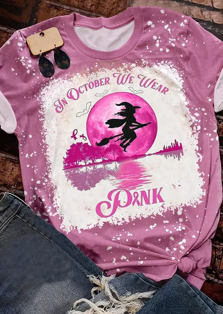 In October We Wear Pink Breast Cancer Awareness Witch T-Shirt Tee