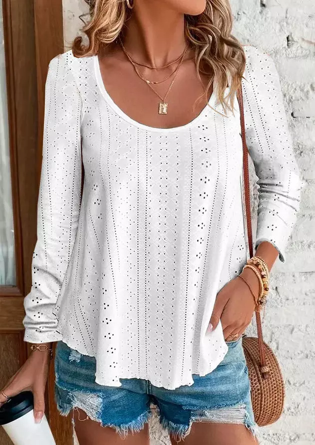 Hollow Out Long Sleeve O-Neck Blouse - White
