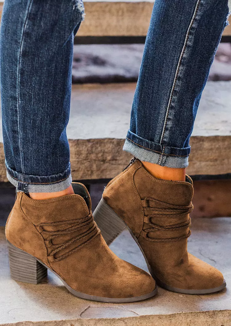 Lace Up Round Toe Heeled Boots - Brown