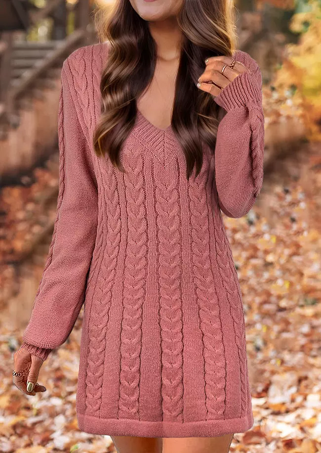 Crochet V-Neck Long Sleeve Sweater Dress - Cameo Brown