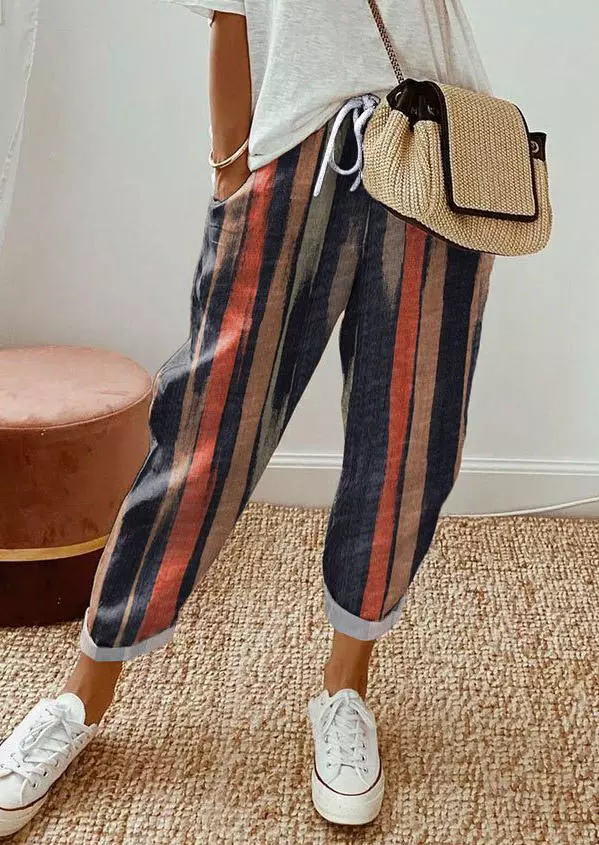 Colorful Vertical Striped Pocket Drawstring Pants