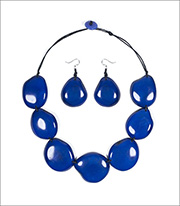 Organic Tagua Jewelry Riverstone Handcrafted Carved And Polished Statement Necklace And Earring Set Style LC203 In Color Azul Blue