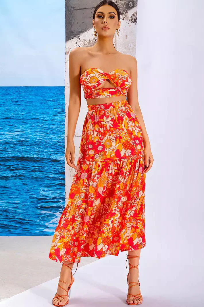 SEXY ORANGE WRAP CHEST OPEN BACK PRINTED TWO-PIECE SET