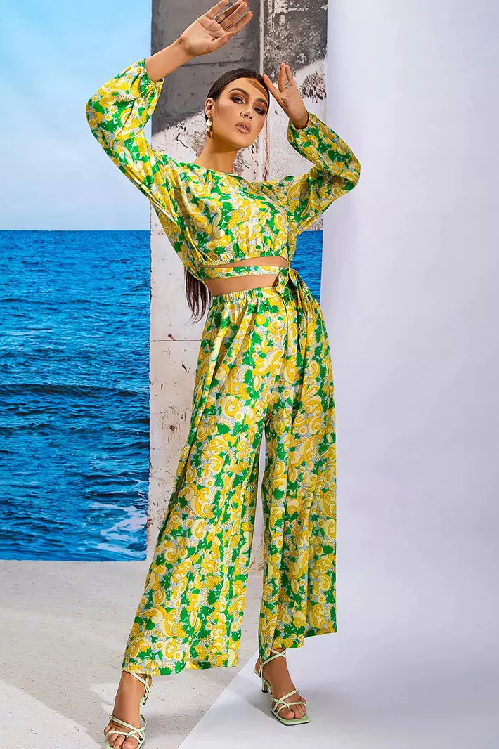 SEXY YELLOW CREW NECK STRETCH SKINNY LONG SLEEVE PRINTED FLARED JUMPSUIT PARTY TWO PIECE