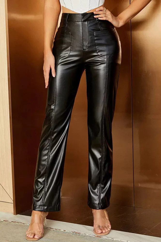BLACK LEATHER FLEECE LINED PANTS WITH FRONT POCKETS