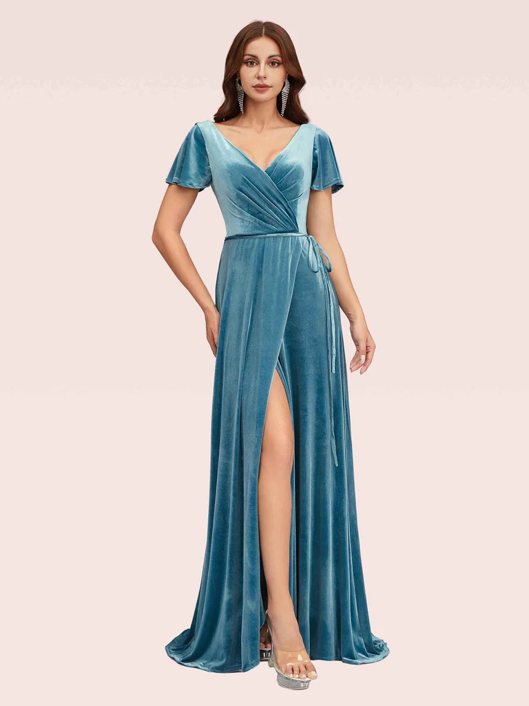 Elegant Velvet V-Neck Side Slit Short Sleeves Long Bridesmaid Dresses Online
