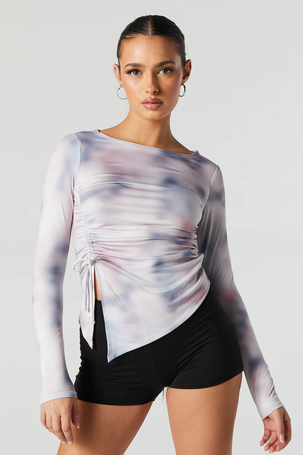 Contour Abstract Print Asymmetrical Cinched Long Sleeve Top