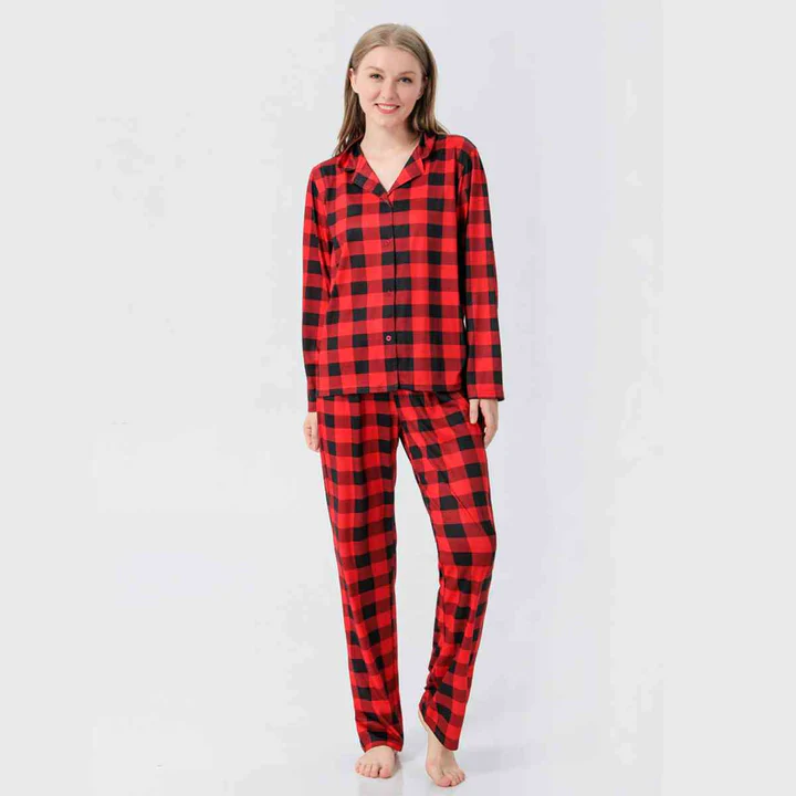 Women Plaid Collared Neck Shirt and Pants Set