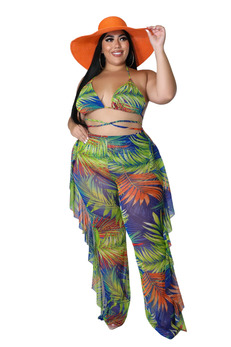 Plus 2pc Mesh Bikini Set with Lace Ruffle Pants in Green Orange and Royal Blue Leaf Print
