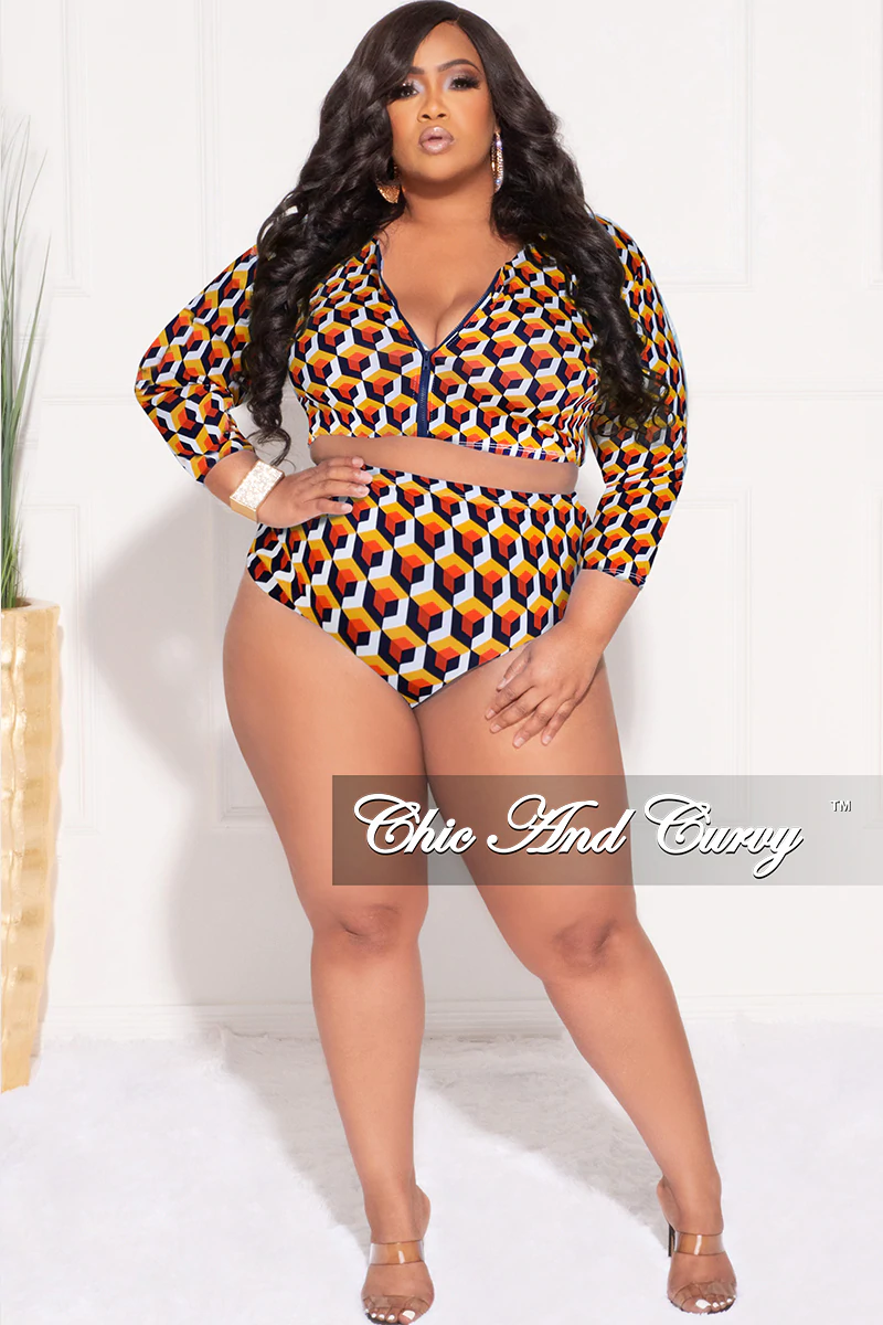 Plus Size 2Pc Poolside Playsuit Set in Colorful Cube Print