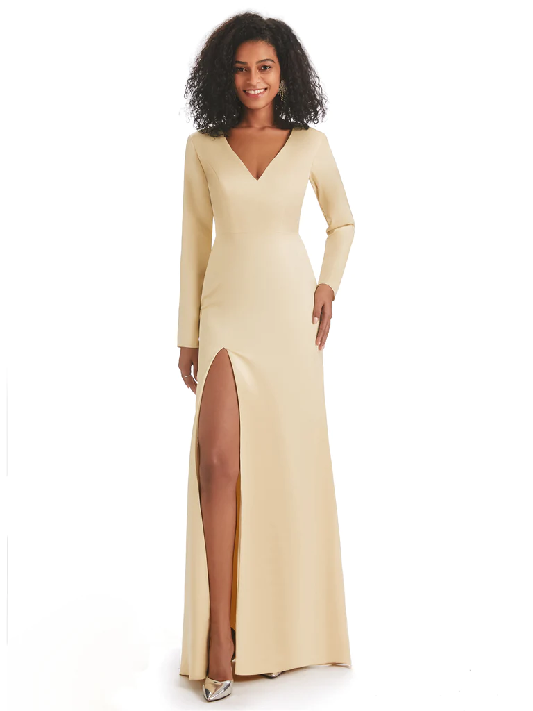 Soft Satin Side Slit Long Sleeves V-Neck Floor-Length African Mermaid Bridesmaid Dresses