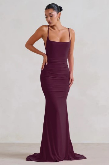 ADELE PLUM BACKLESS RUCHED FISHTAIL CAMI MAXI DRESS