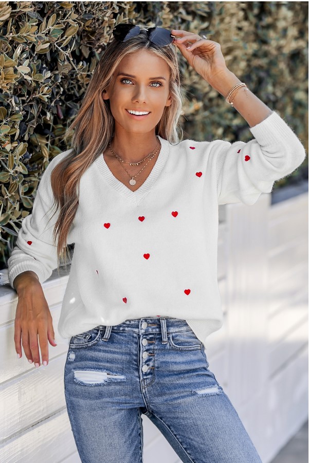 Embroidered Heart V-Neck Sweater